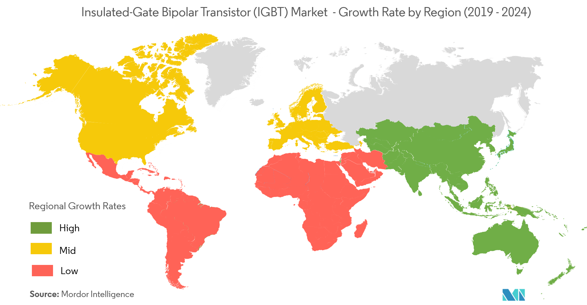 Mercado de transistores bipolares de puerta aislada tasa de crecimiento por región (2022-2027)